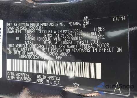 2014 Toyota Sienna Le V6 8 Passenger z USA, uszkodzony, nr VIN 5TDKK3DC0ES479467